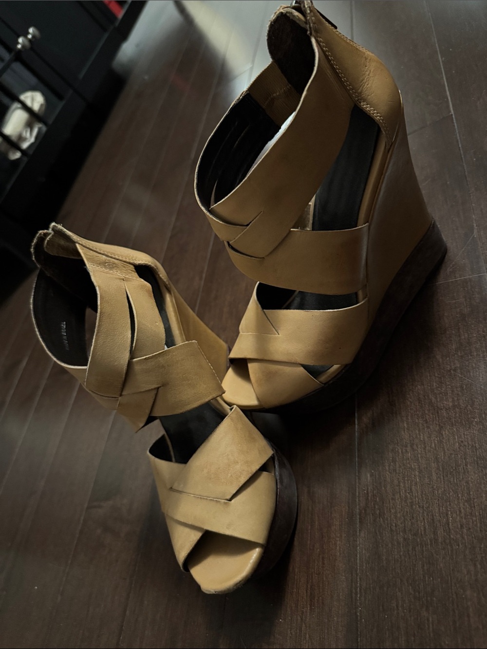 Women's Tan Strappy Wedge Sandals - Sleek Ankle-Cut Design